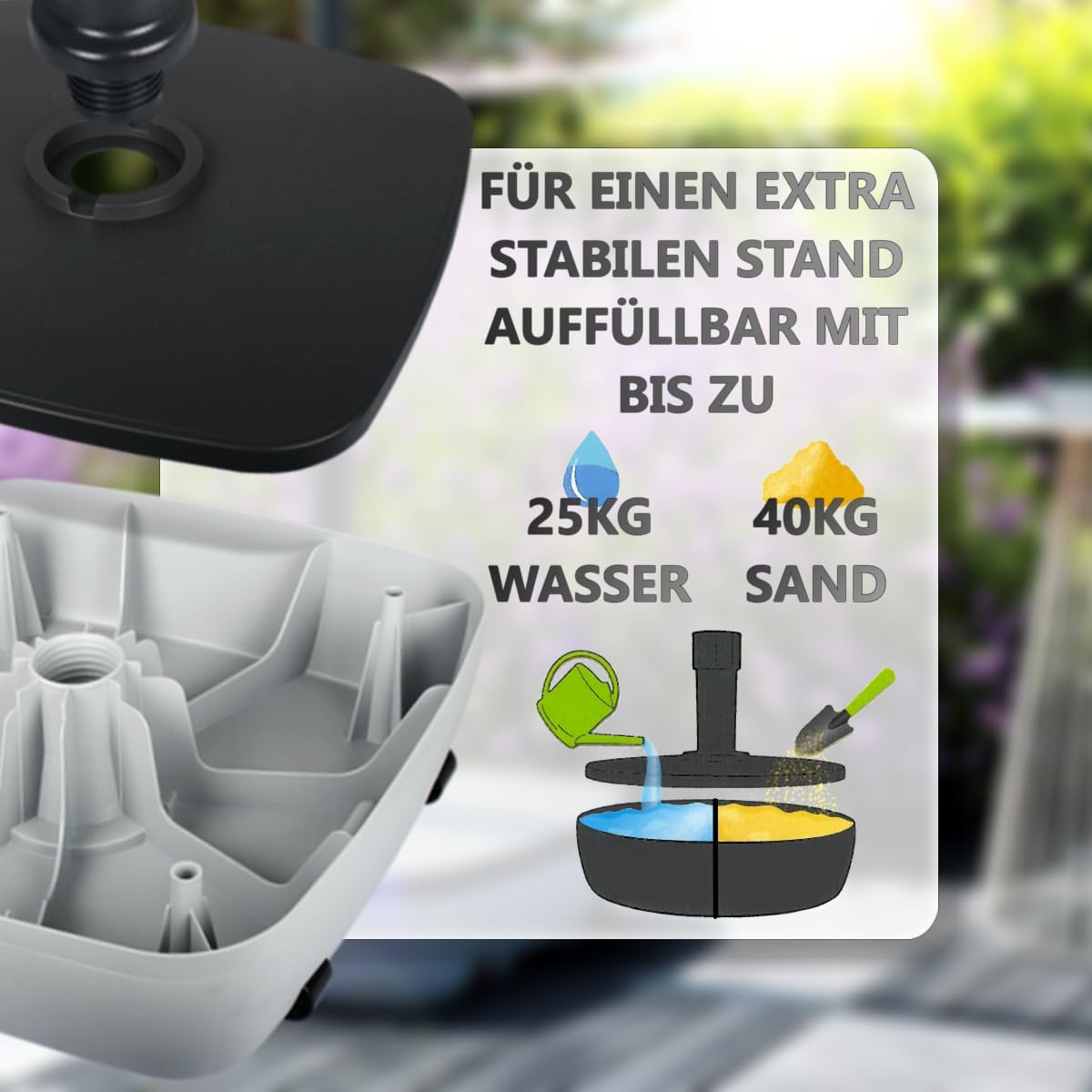 Stimo Premium Sonnenschirmständer für 3,5-5cm mit Rollen Schirmständer rollbar Grau Schirmfuß befüllbar bis 40kg