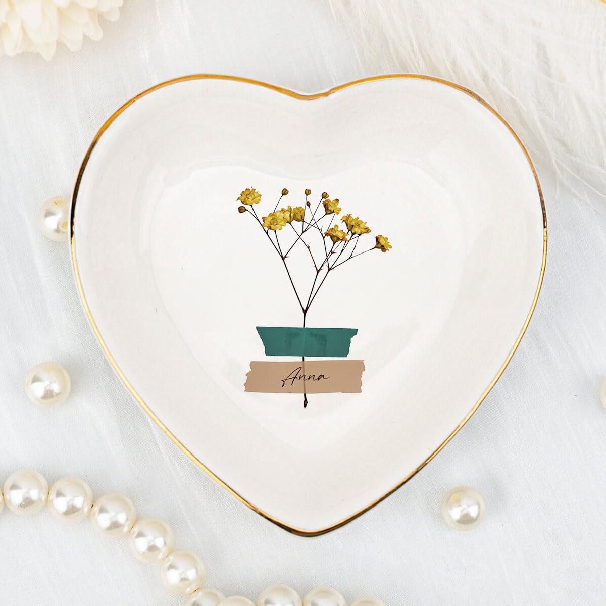 Wrappiness Personalized Heart Jewelry Dish Ring Ceramic Gifts - Jewelry Plate Jewelry Dish for Friend Bestie - Women Jewelry Tray Engagement Wedding Ring Holder Trinket Dish Flowers
