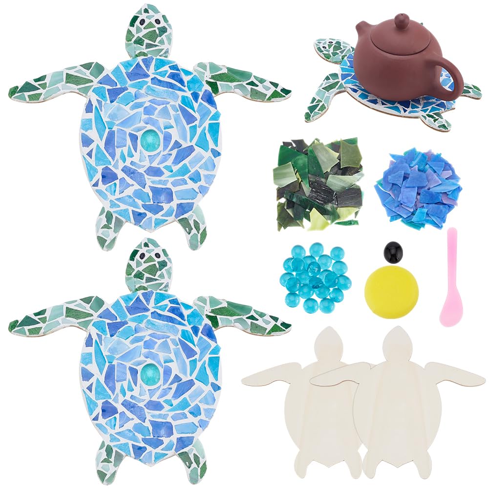 WEBEEDY 2 Sets DIY Mosaic Sea Turtle Kit Creativity Sea Turtle Mosaic Coaster with Wooden Bases,Glass Mosaics Tiles,Ribbon and Instruction for Adult Beginner Ocean Animal Hanging Art Wall Decor