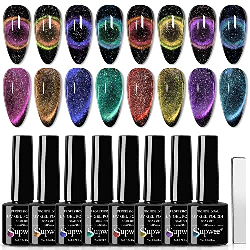 Supwee Cat Magnetisch Eye Gel Set 9D Cat Eye Gel-Nagellack Holographischer Nagellack Soak Off UV Glänzender Nagellack…