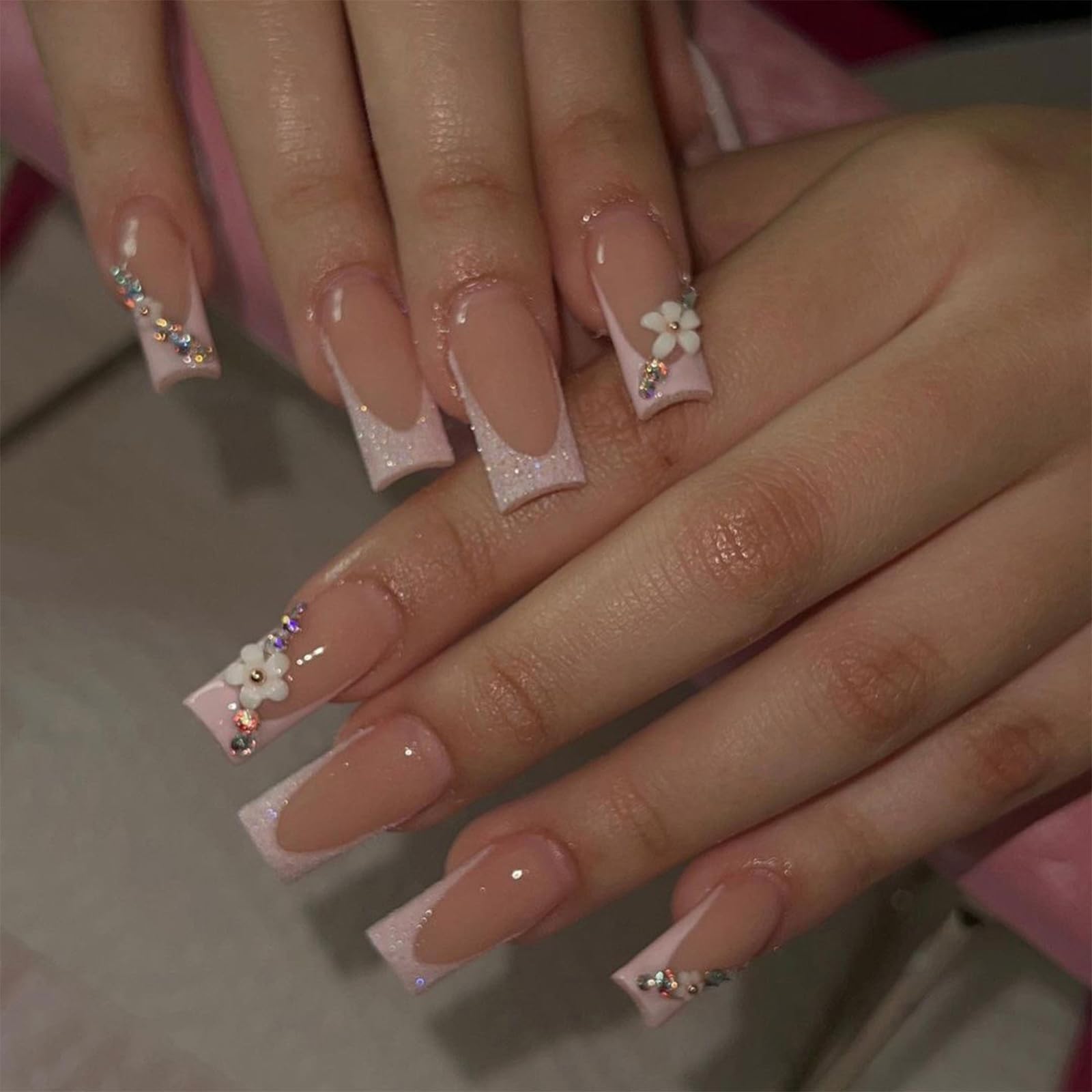 24pcs Medium Square False Nails French Tip, Glitter White Tip Stick on Nails Nude Pink Press on Nails with Rhinestone Flower Removable Glue-on Nails Acrylic Full Cover Fake Nails for Women Girls