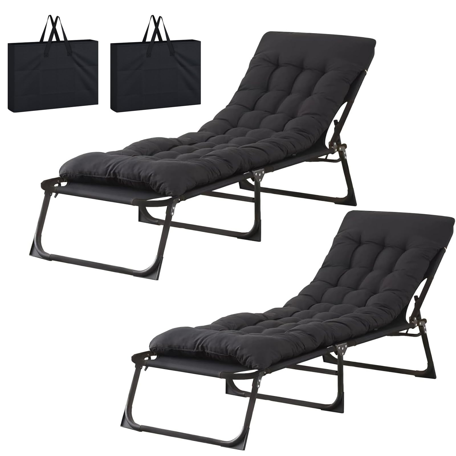 BSTSEL Heavy Duty Garden Sun Lounger with Bag Mattress 22mm Steel Frame Support Adjustable Folding Guest Bed with Cushion Sun Bed for Home Office Beach Garden Patio Pool (2PCS Black)