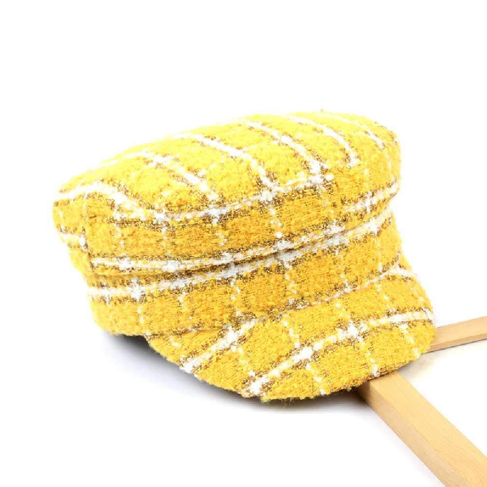 JTXJ Newsboy Cap Black and White Plaid Peaked Cap Flat Octagonal Hat Yellow