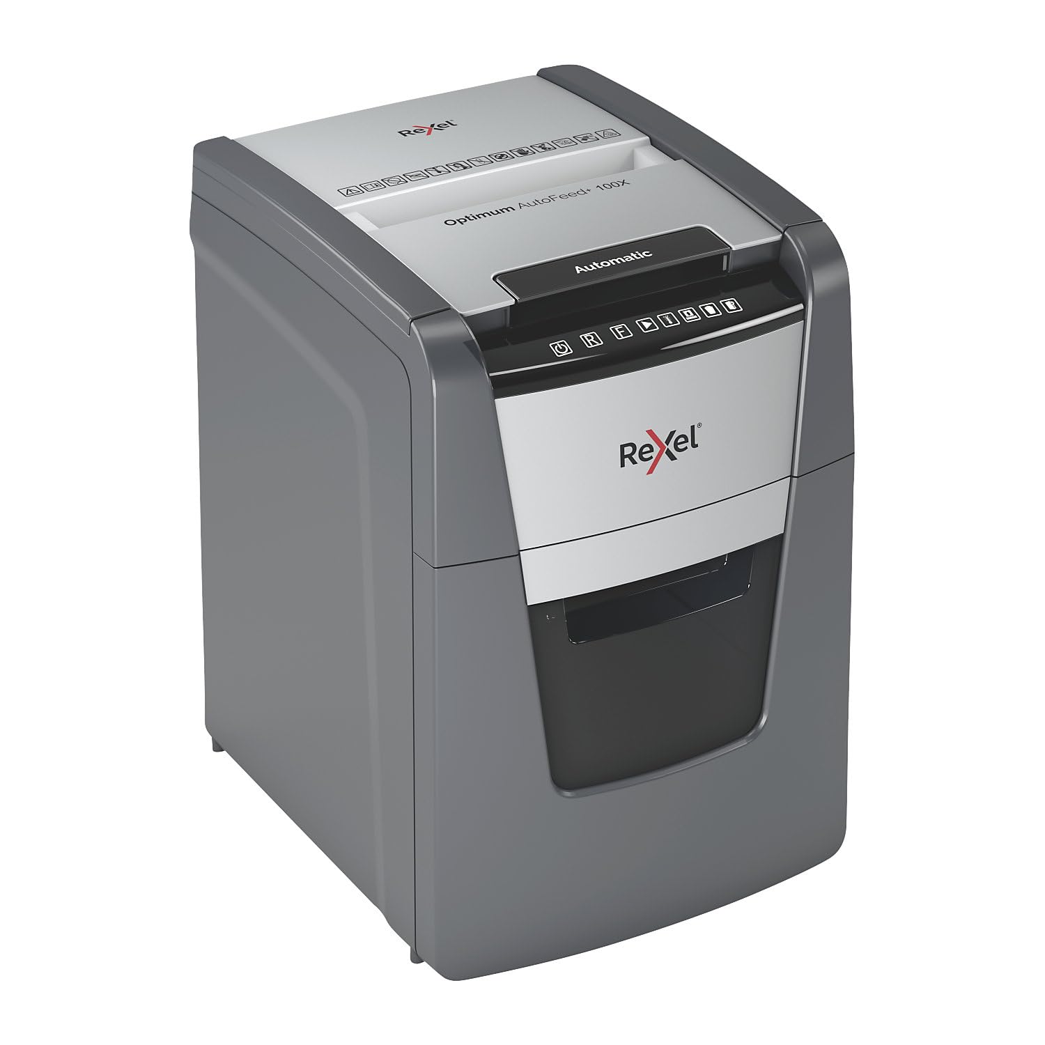 Rexel Optimum AutoFeed+ 100X automatyczna niszczarka dokumentów CH, 100 arkuszy, poziom bezpieczeństwa P4, cięcie cząstek, do domu/biura domowego, pojemnik na odpady 34 l, ze szwajcarską wtyczką sieciową, 2020100XCH