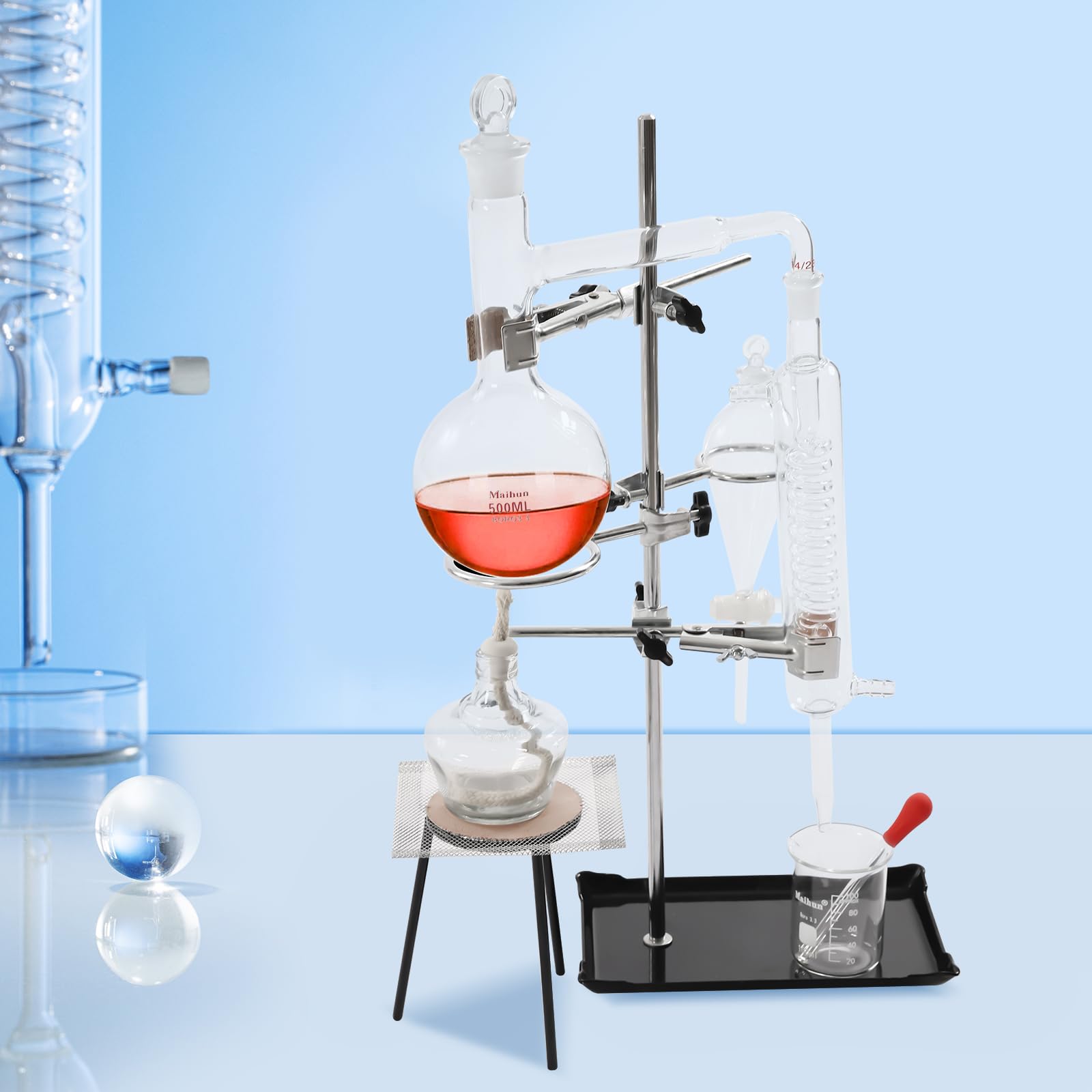 Destillationsgerät für ätherische Öle 500ml,Laborglas Set aus Borosilikatglas 3.3,DIY Ätherisches Öl Destilliergerät,Hitzebeständig bis 350°C,Profi Laborglaswaren mit Ständer