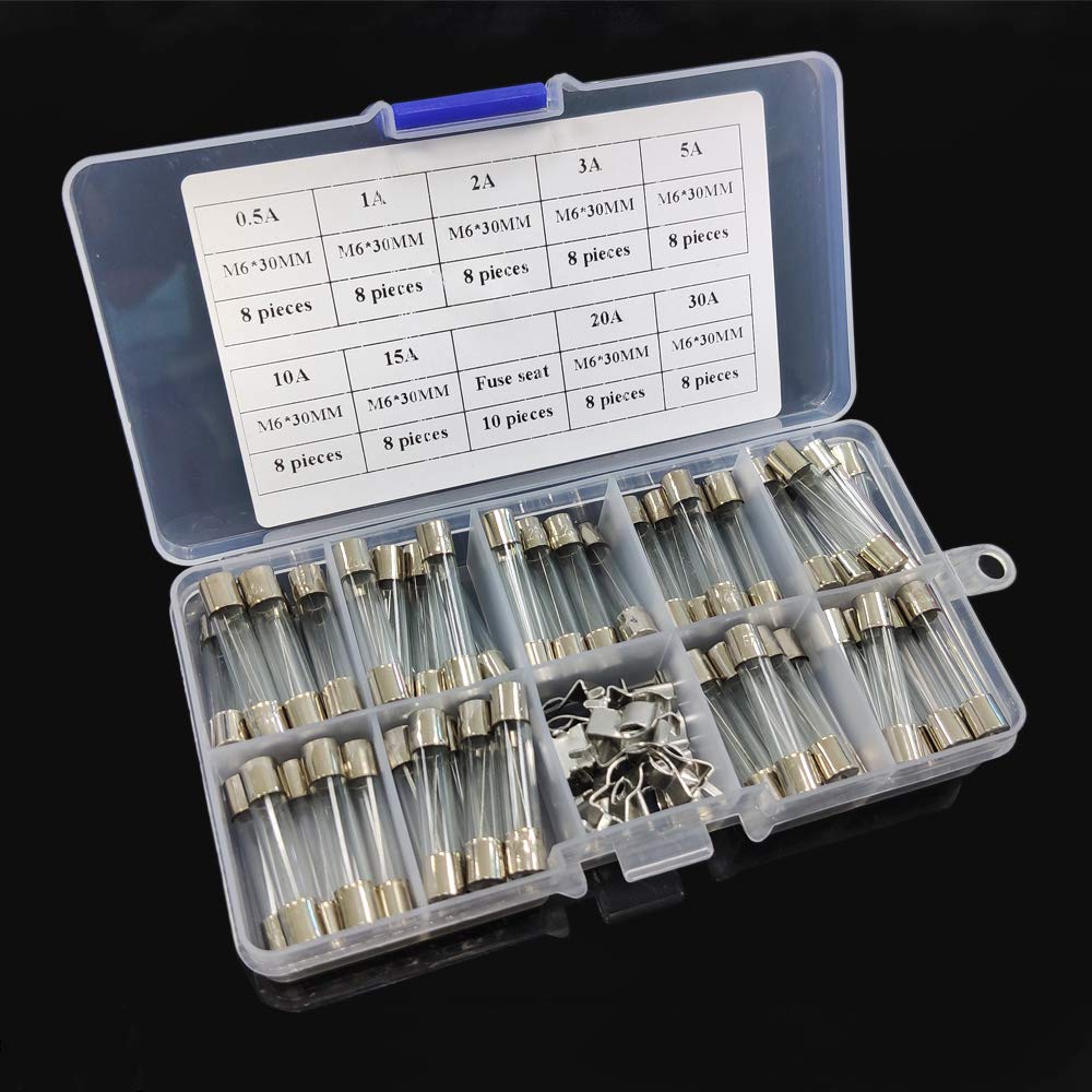 IZTOSS 72pcs 6x30mm Fast-blow Glass Fuses Quick Blow Car Glass Tube Fuses Assorted Kit Amp 0.5A,1A,2A,3A,5A,10A,15A,20A,30A and 10pcs fuse seat by IZTOSS