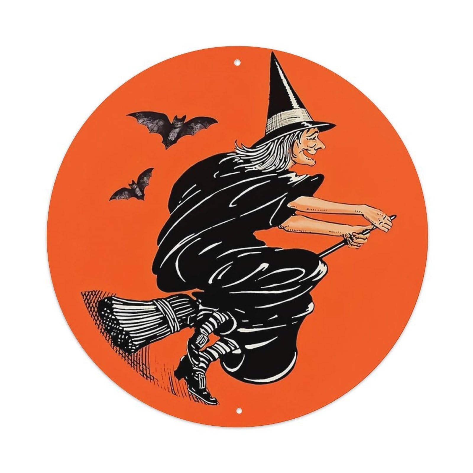 Witch Flying On Broom With Bats Round Metal Tin Sign Vintage Wall Decor, Bar Garage Cafe Kitchen Home Wall Art Poster 8x8inches