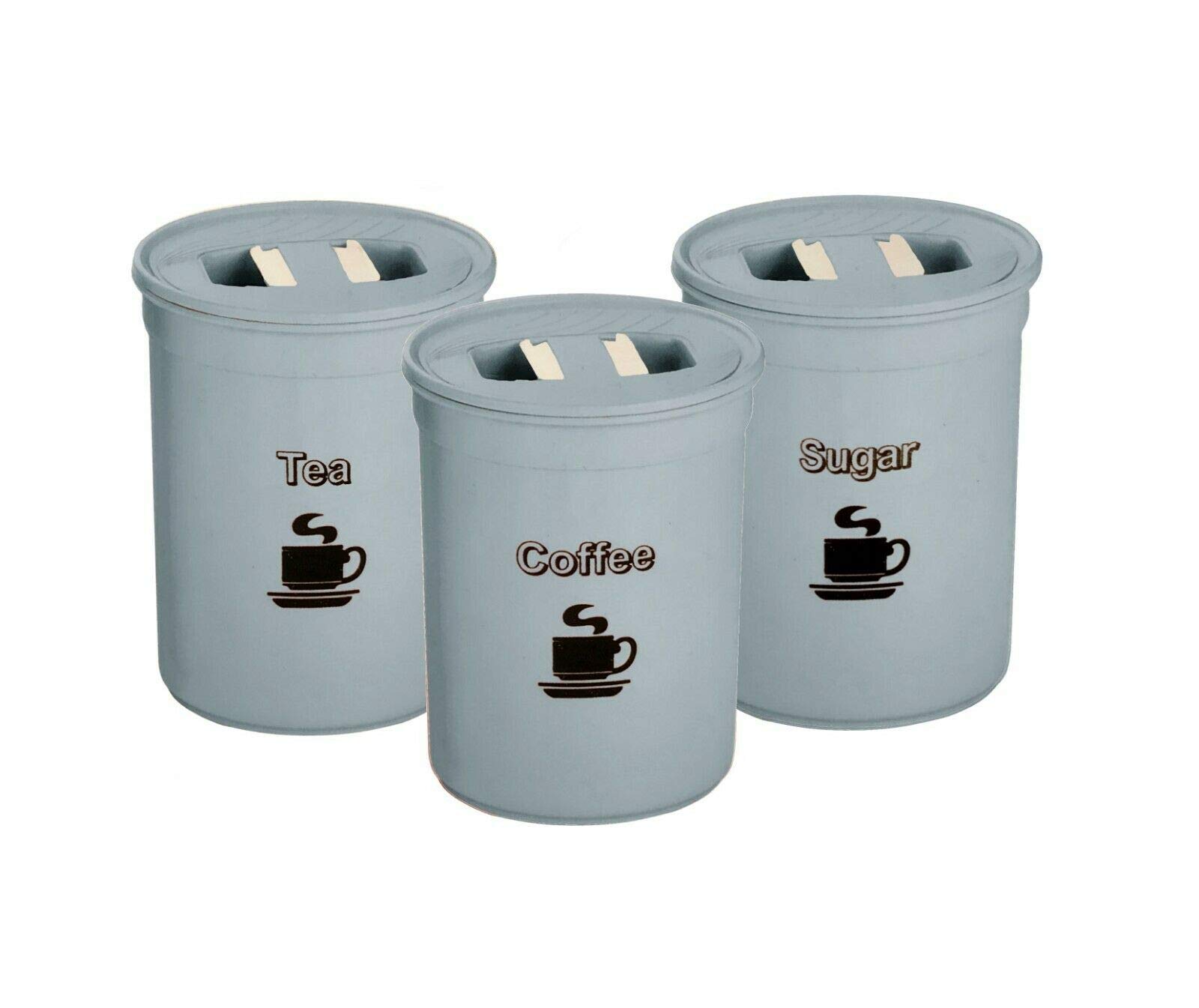 3 Piece Tea Coffee Sugar Canister Set 850ml Plastic Round Tea Coffee Sugar ContainerTin Airtight Storage Jars Set (Sky Blue)