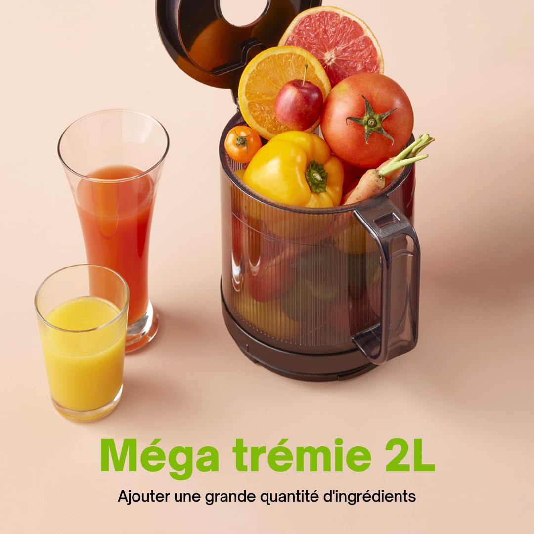 HUROM | Exprimidor de verduras y frutas | Slow Juicer | H201 | Prensado en frío | Motor silencioso | Fácil de limpiar | Esfera inteligente | Mega embudo 2L | Libre de BPA (titanio)