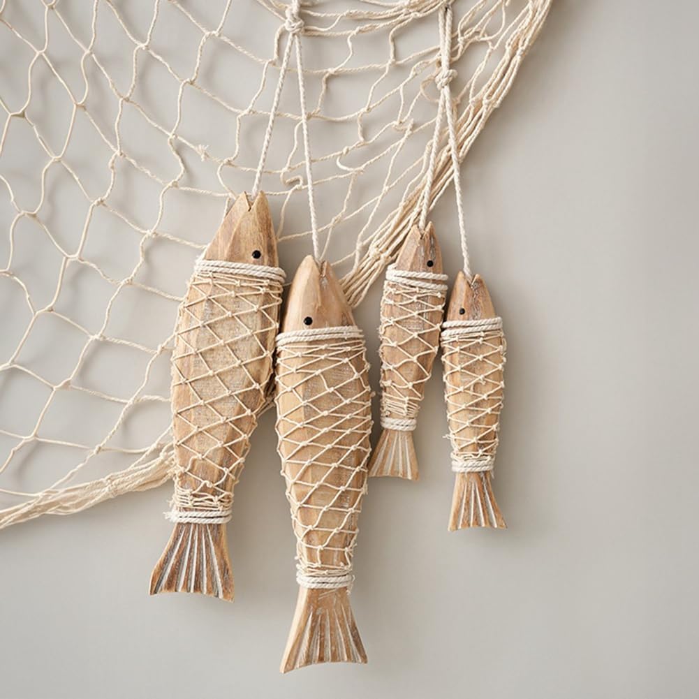 Dolaso – Filet de pêche décoratif 100 x 200 cm en coton beige – Fait main avec coquillages – Décoration murale plage et méditerranéenne