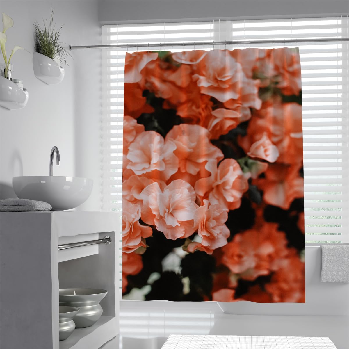UIRINGART Peach Begonia Floral Bath Curtain W150xL180cm Elegant Coral Camellia Flower Bush Waterproof Anti Mould Bathtub Screen with Hooks