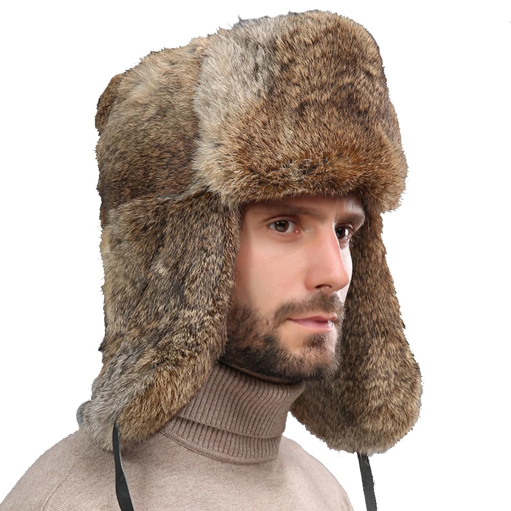 BSYLOO Earflap Trapper Hat for Winter Aviator Windproof Hat Ski Trooper Hat Cap Faux Rabbit Fur Cap for Men Women Brown