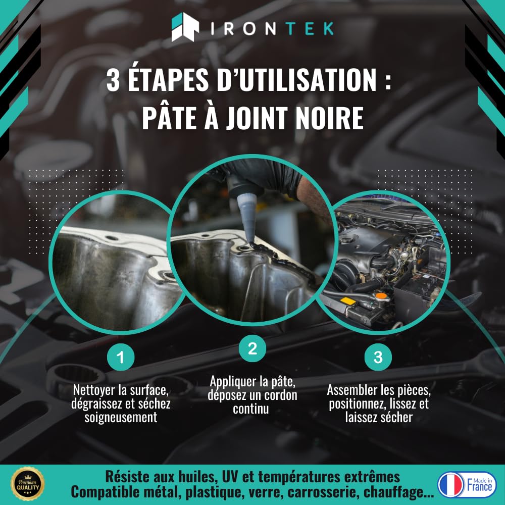 Pâte Joint Carter Moteur 80ml - IRONTEK | IT340 | Silicone Noir -50°C +250°C | Résiste Huiles Hydrocarbures | Pompe Culasse