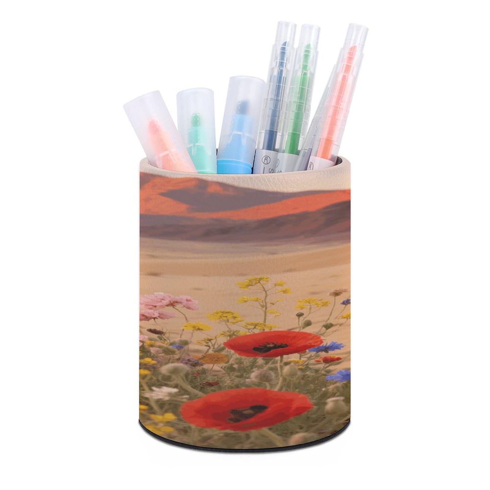 VstaDank Desert Daisies Pen Holder Round Pencil Holder Cup Pen Container PU Leather Desk Organizer Stand Decorative Brush Scissor Holder Decoration Office Desk Home (3.1 x 3.9 inch)