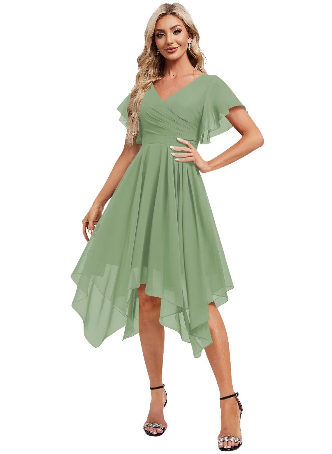 WENKAFO Asymmetrical V Neck Ruched Chiffon Bridesmaid Dresses Short for Women Flutter Sleeve Formal Party Gowns with Pockets