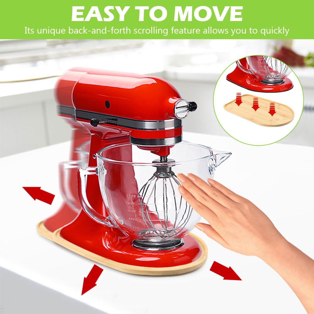 Bamboo Mixer Slider Tray for KitchenAid Tilt Head 4.5-5Qt Stand Mixers, Non-Scratch Countertop Protector with Sliding Pads, Includes 8 Adhesive Pads & Attachment Holder (Excludes Pro 450/500)