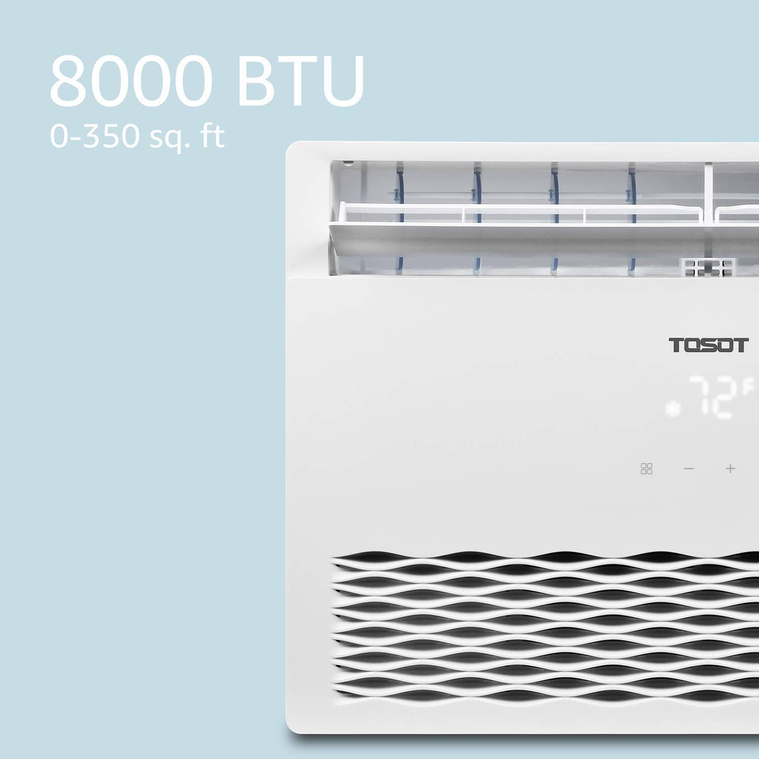Dimensions of the TOSOT 8,000 BTU window air conditioner: 20.94 inches wide, 12.77 inches high, 17.26 inches deep, with a 4.9 ft cord length.