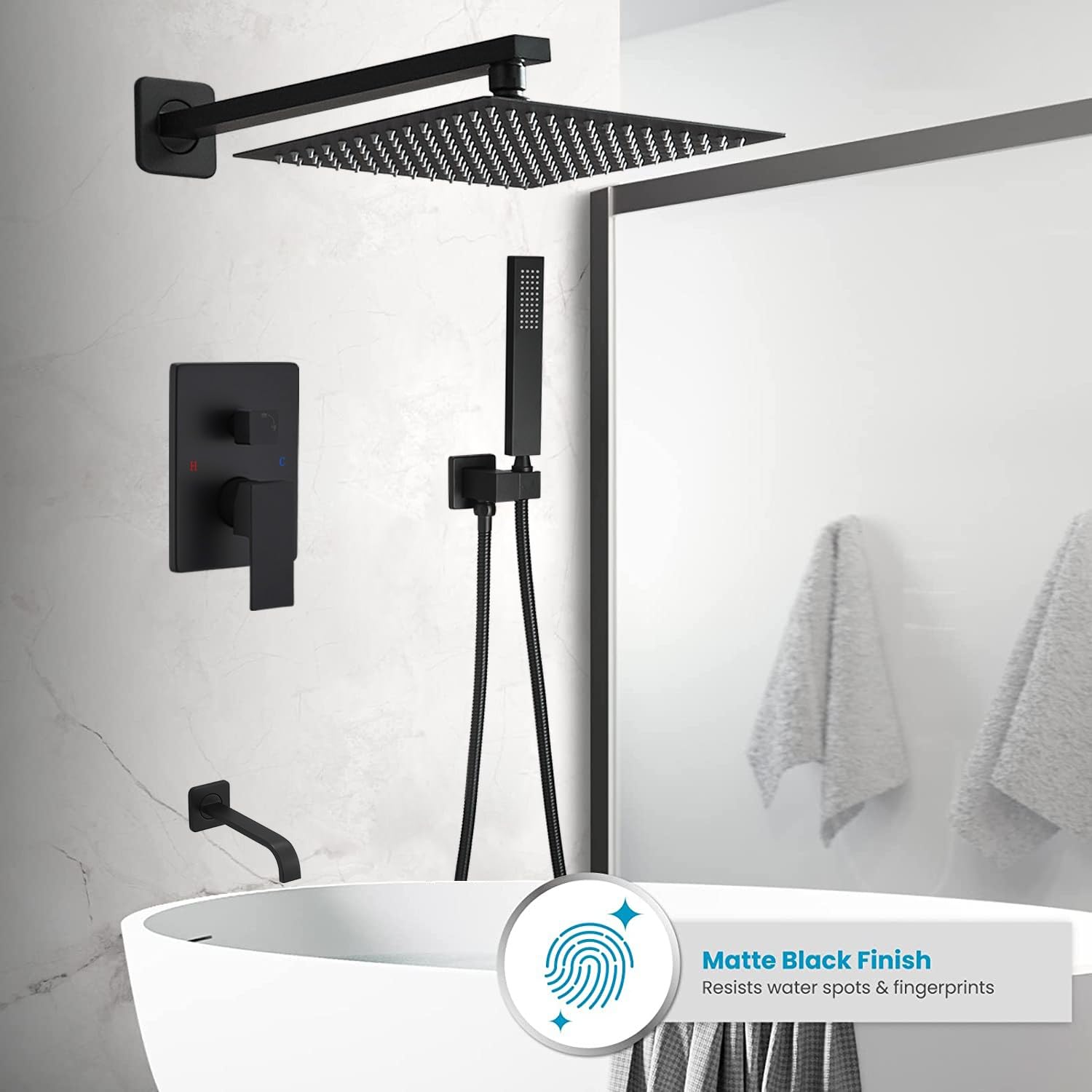 Schwarzes Duscharmatur Set Rianfall – 12 Zoll Regenduschkopf & Handbrause, Mattschwarz, Wandmontiert, Aus Messing