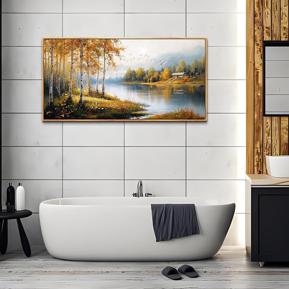 ERQINHUA Large Canvas Wood Framed Abstract Wall Art Living Room Wall Decor for Bedroom Office Decoration Watercolour Paint Tree Lakeside Landscapes Picture Artwork Home Decor Ready to Hang 30x60 In
