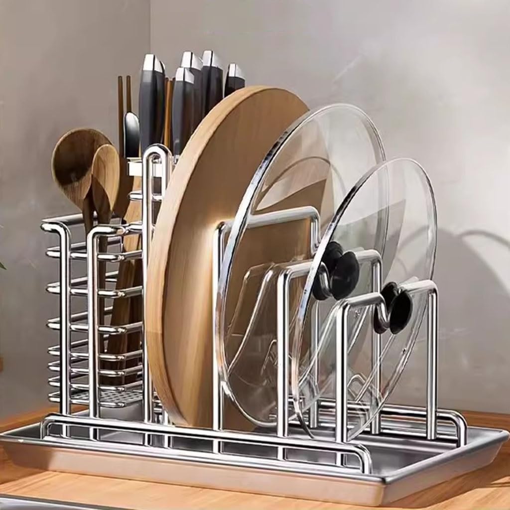 Support multifonctionnel pour ustensiles de cuisine avec égouttoir pour casseroles, couvercles, planches à découper, couteaux, baguettes, cuillères, fourchettes, couverts sur le plan de travail de