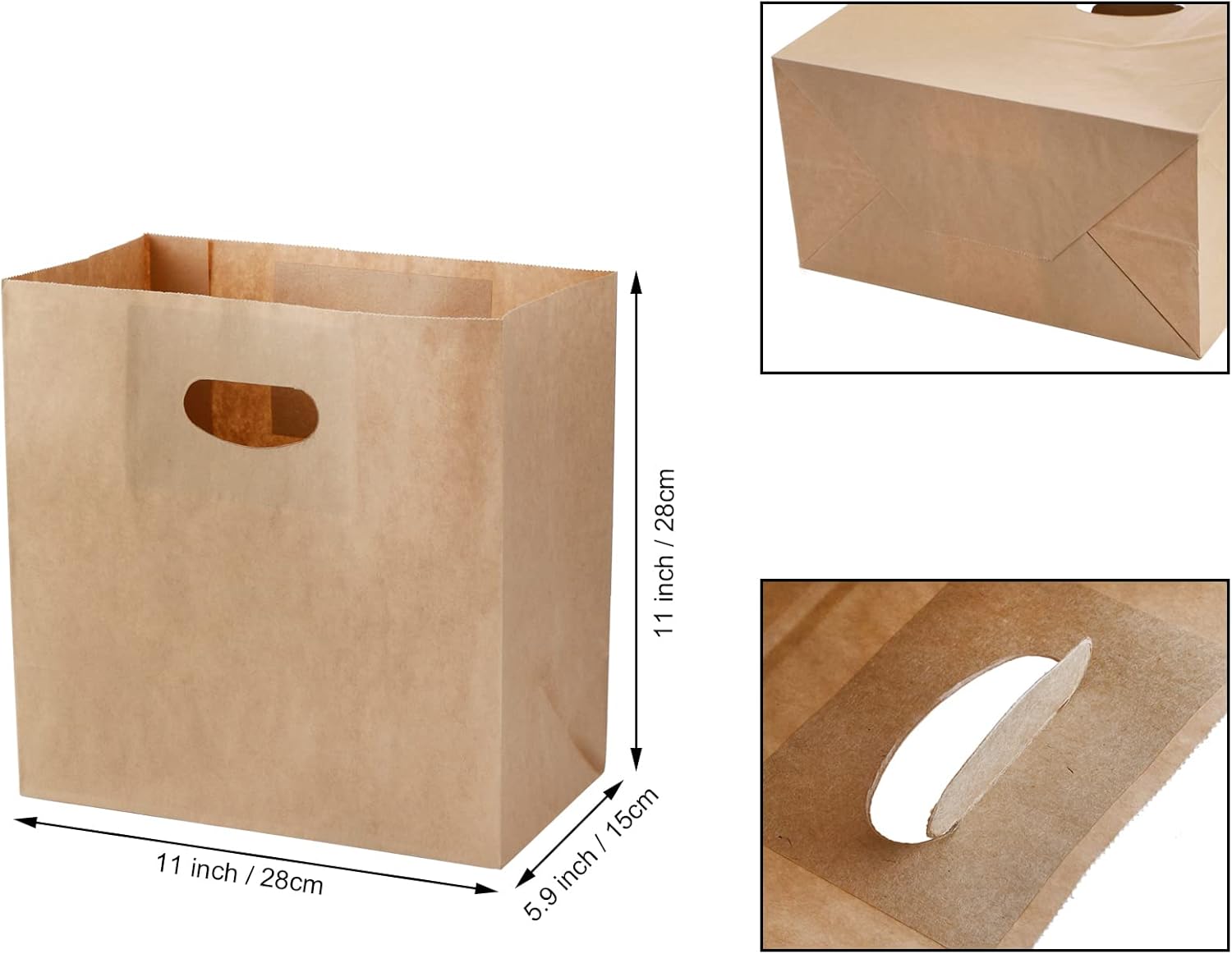 Foraineam 100 Pack Kraft Paper Bags, 11 x 6 x 11 Inch Natural Brown Paper Party Favor Goody Snack Gift Bag with Die Cut Handle, Small Grocery Bags Takeout Bags Food Service Bags for Restaurant, Bakery, Retail : Industrial & Scientific