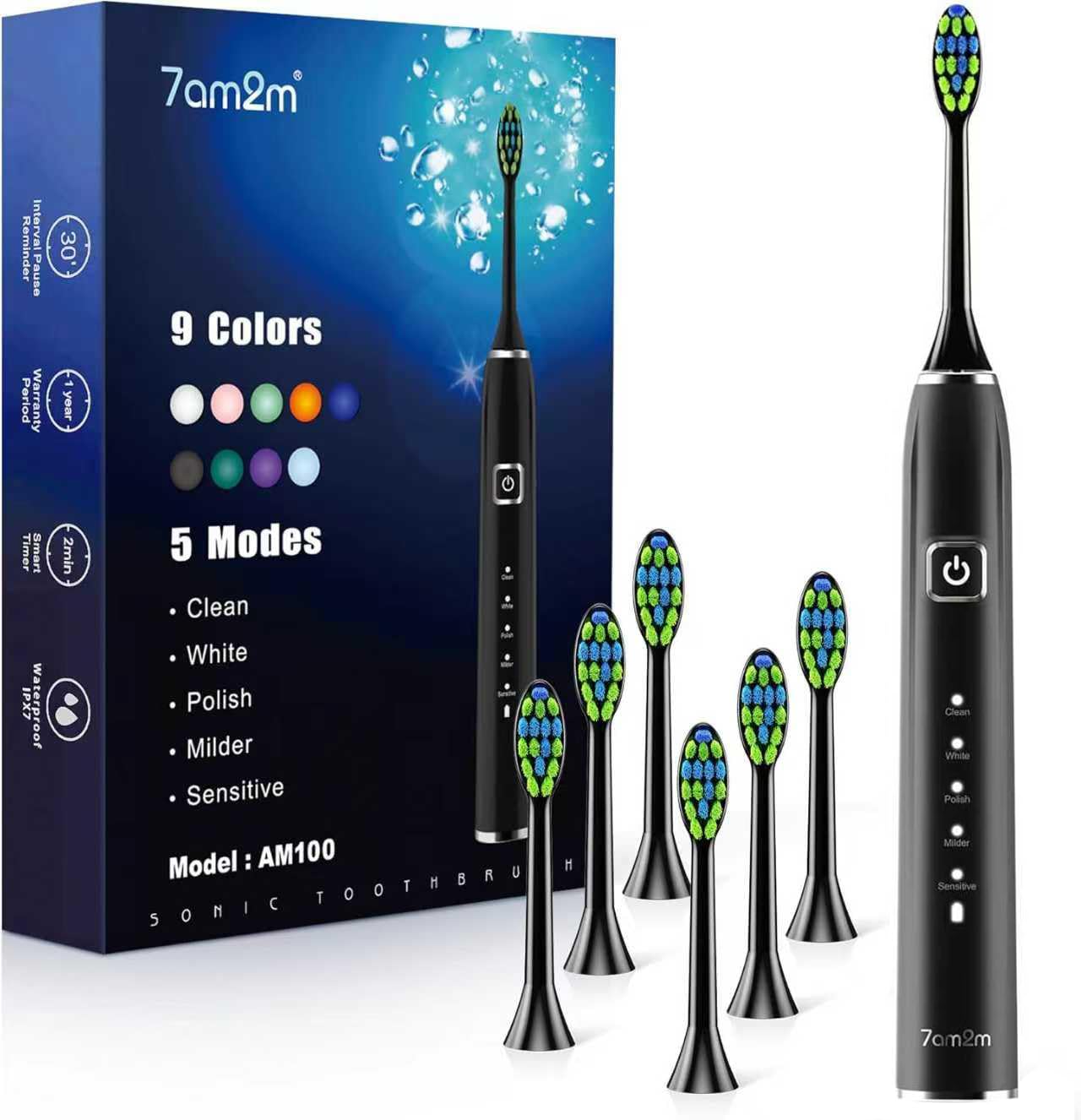 7AM2M Ultrasonic Electric Toothbrush with 6 Brush Heads for Adults&amp;Kids, Type C Rechargeable, One Charge for 120 Days, 5 Modes&amp;40000VPM Powered Toothbrush, 2 Minutes Built in Smart Timer (Black)