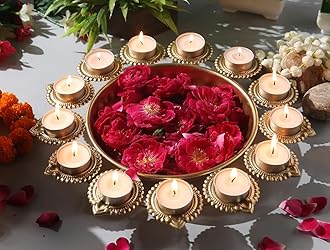 R Ayurveda Copper Diya Shape Iron Flower Decorative Urli for Home | Handcraft...