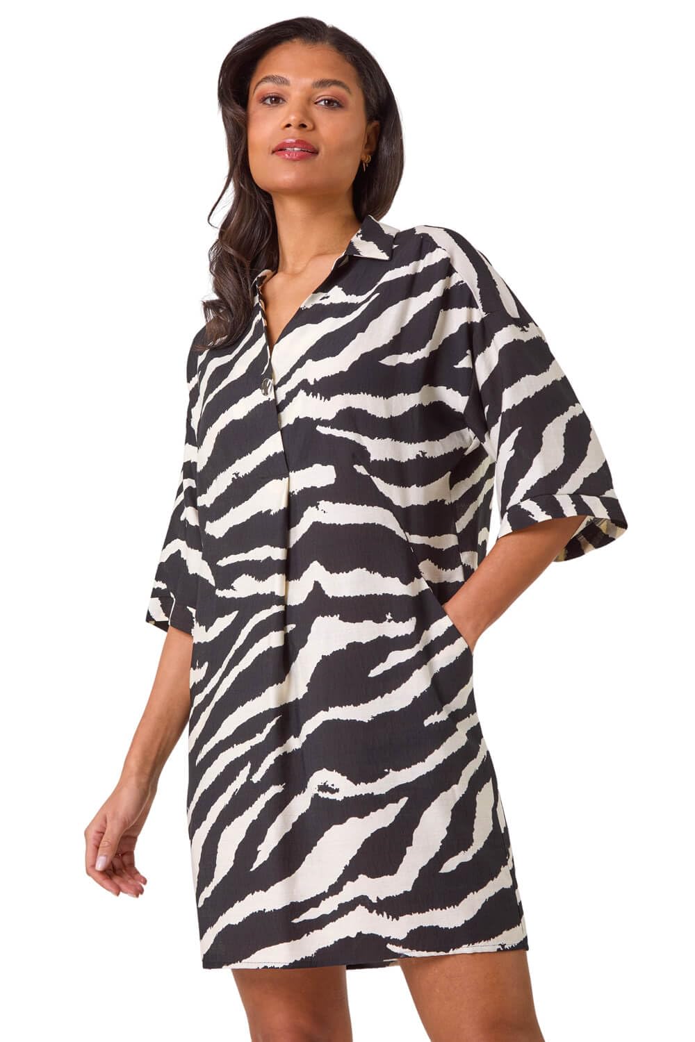 Roman Originals Zebra Print Shirt Dress for Women UK - Ladies Everyday Holiday Spring Summer Comfy Soft Evening Vacation Work Party - Black - Size 20