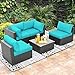Walsunny 5 Pieces Outdoor Patio Furniture Set, All-Weather Rattan Patio Sectional Sofa Wicker Conversation Set with Glass Table and Cushions(Blue)