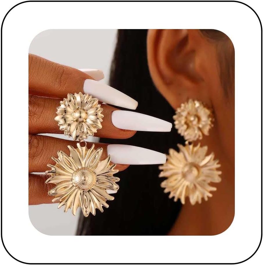 Vintage Sunflower Dangle Earrings Gold Daisy Flower Stud Earrings Metal Floral Drop Earrings Daisy Flower Earrings Exaggerated Floral Earrings Jewelry for Women