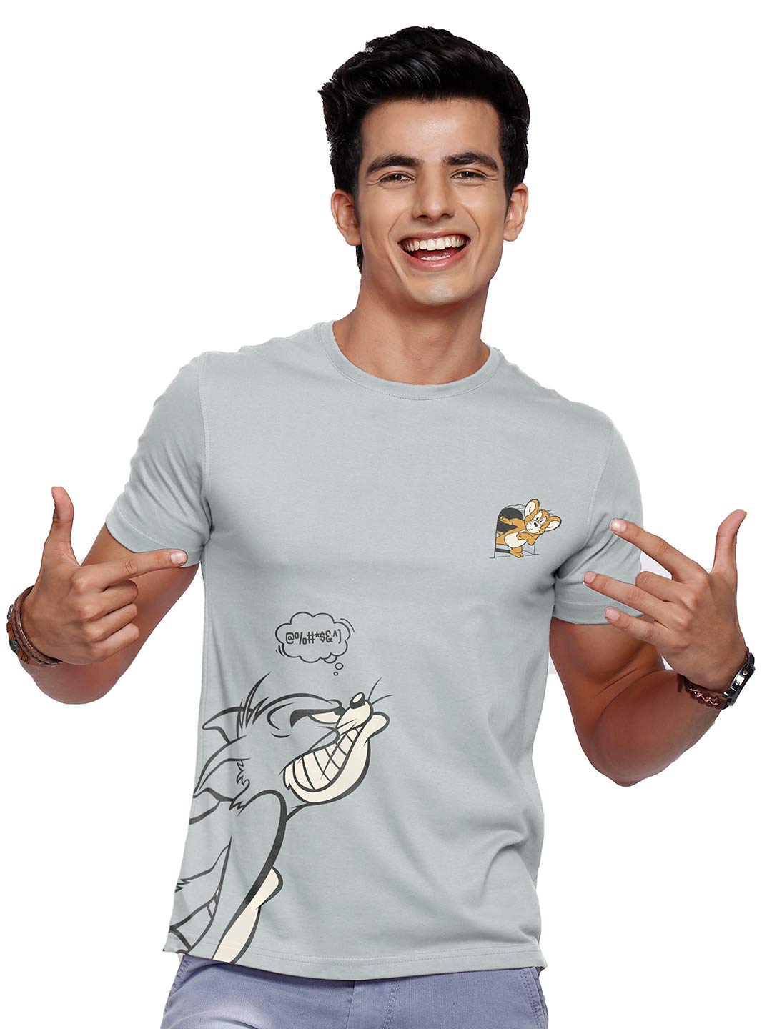 The Souled Store | Tom and Jerry Angry Tom Round Neck Mens and Boys Graphic | Printed Half Sleeve | 100% Cotton T-Shirt Grey Color