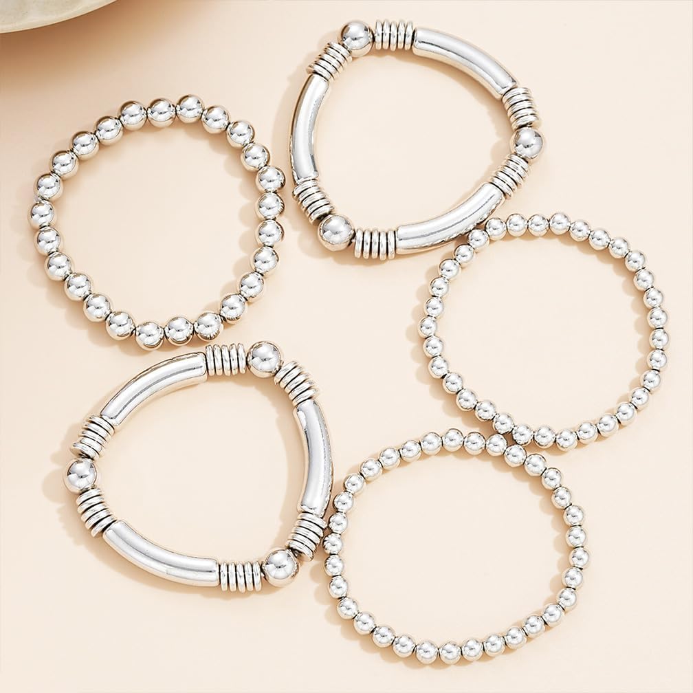 Dainty Gold Stack Stretch Bracelets Set for Women 5Pcs Silver Elastic Round Balls Beaded Bangles Vintage Tube Bracelet Stackable Hand Jewelry Set - Image 8