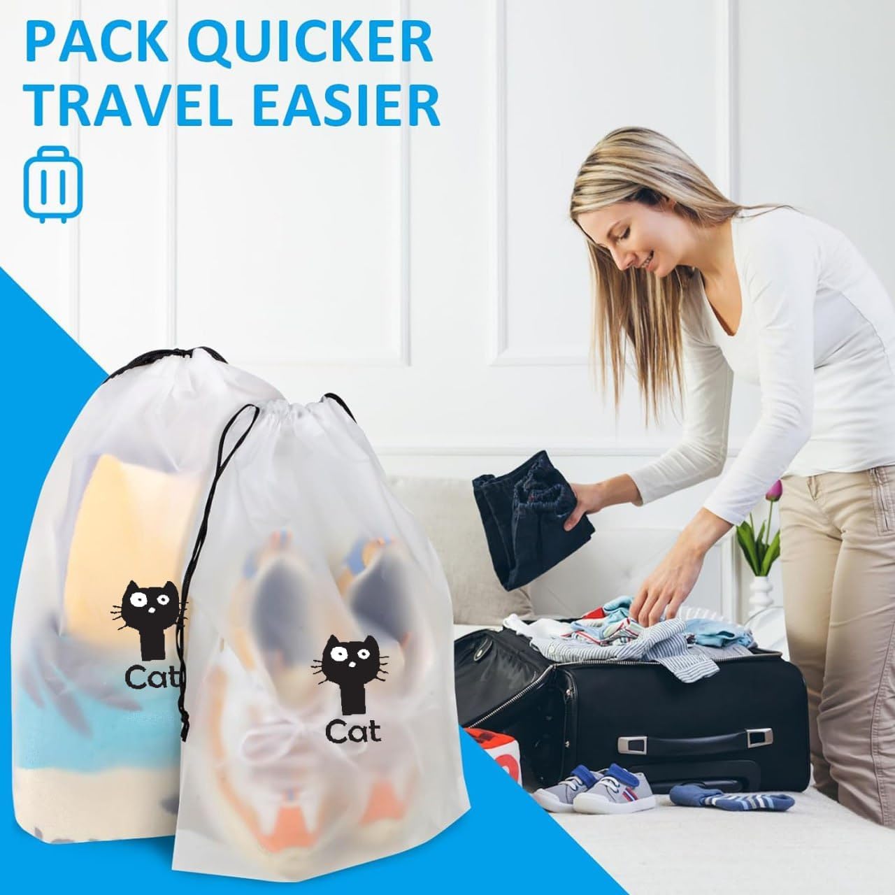 Pristu Pack of 10 Shoe Bag Covers for Shoe Storage & Travel Drawstring Bags Waterproof White White M Cat Shoes Pack of 10