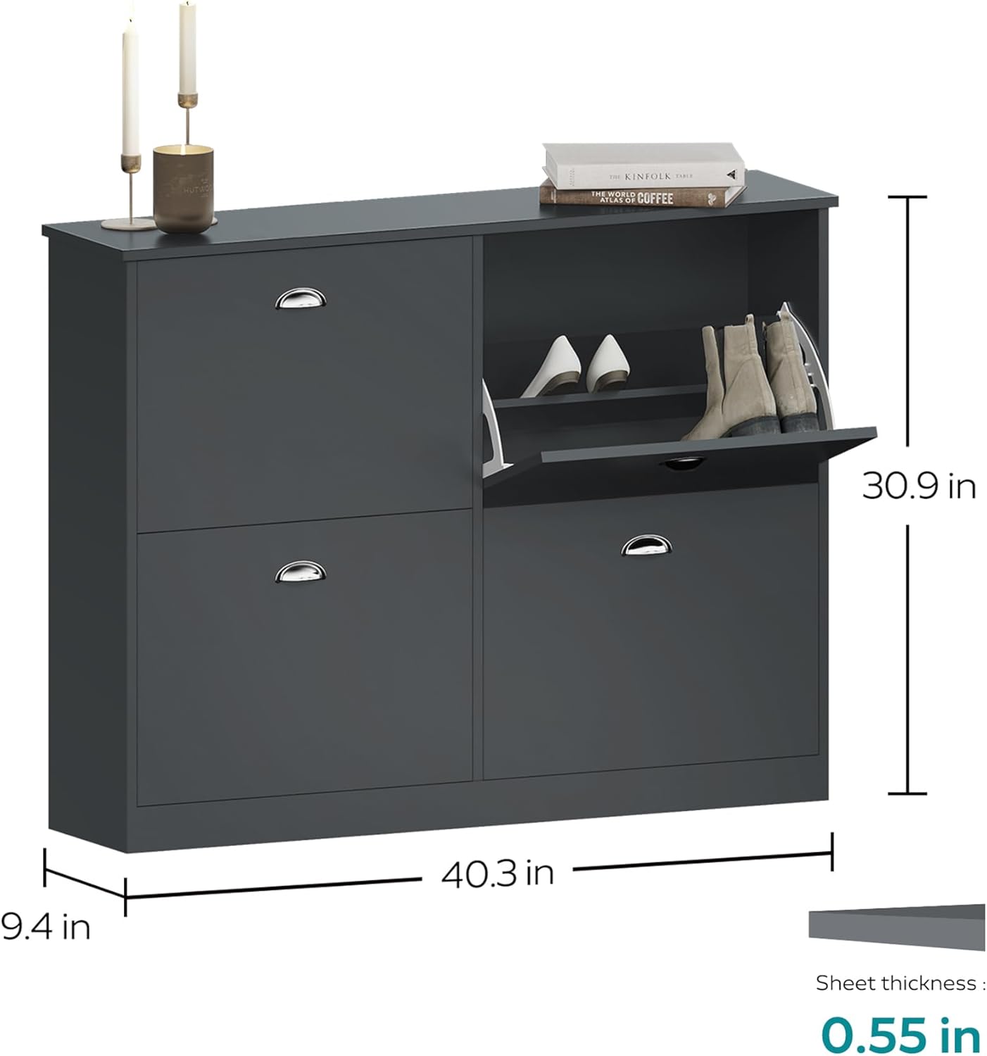 Hidden Slim Shoe Cabinet with 4 Drawers - Narrow Flip-Top Entryway Shoe Rack, Adjustable Shelves, Original Wood Color, Wall-Mountable for Hallway, Bedroom, Foyer (Gray)
