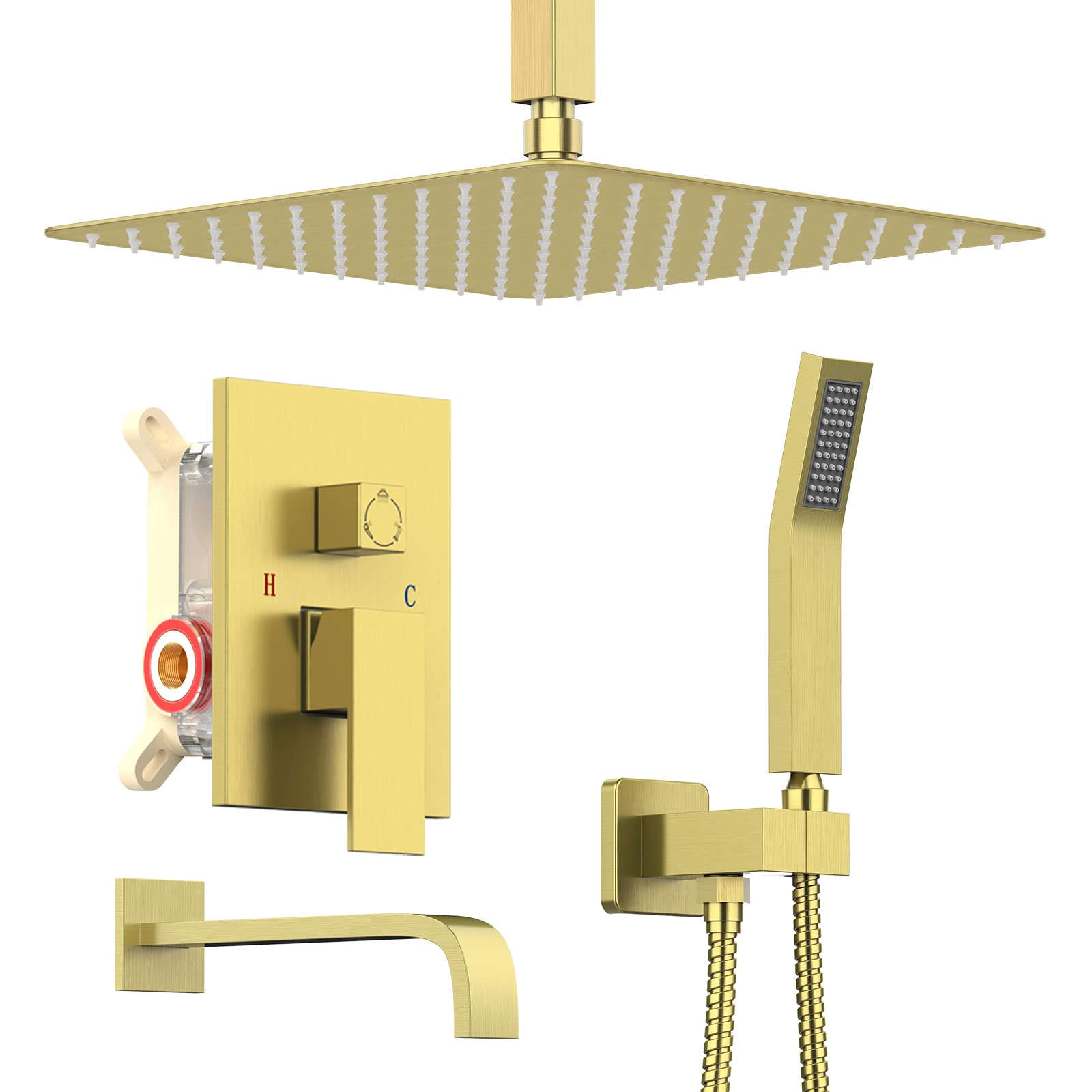 12 Inch 3 Function Ceiling mounted Shower System with Rainfall Shower Head, Handheld Head, Tub Faucet Spout Set Brushed Gold