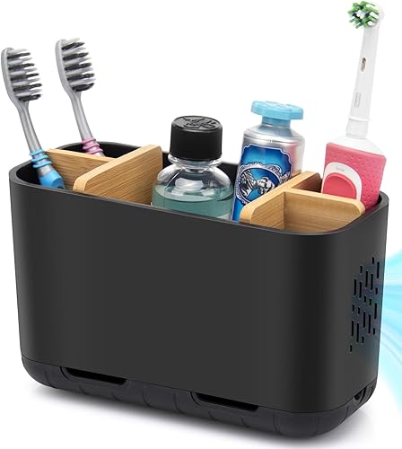 Soporte para cepillos de dientes negro, soporte para cepillos de dientes de bambú y pasta de dientes con drenaje, soporte eléctrico para cepillos de