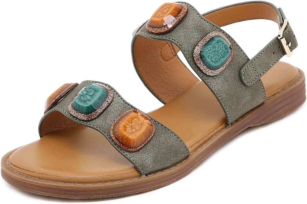 ZAPZEALWalking Shoes with Gemstone for Women Adjustable Buckle Slip-on Style Elegant and Comfortable, Green Brown Blue Size 6.5-9