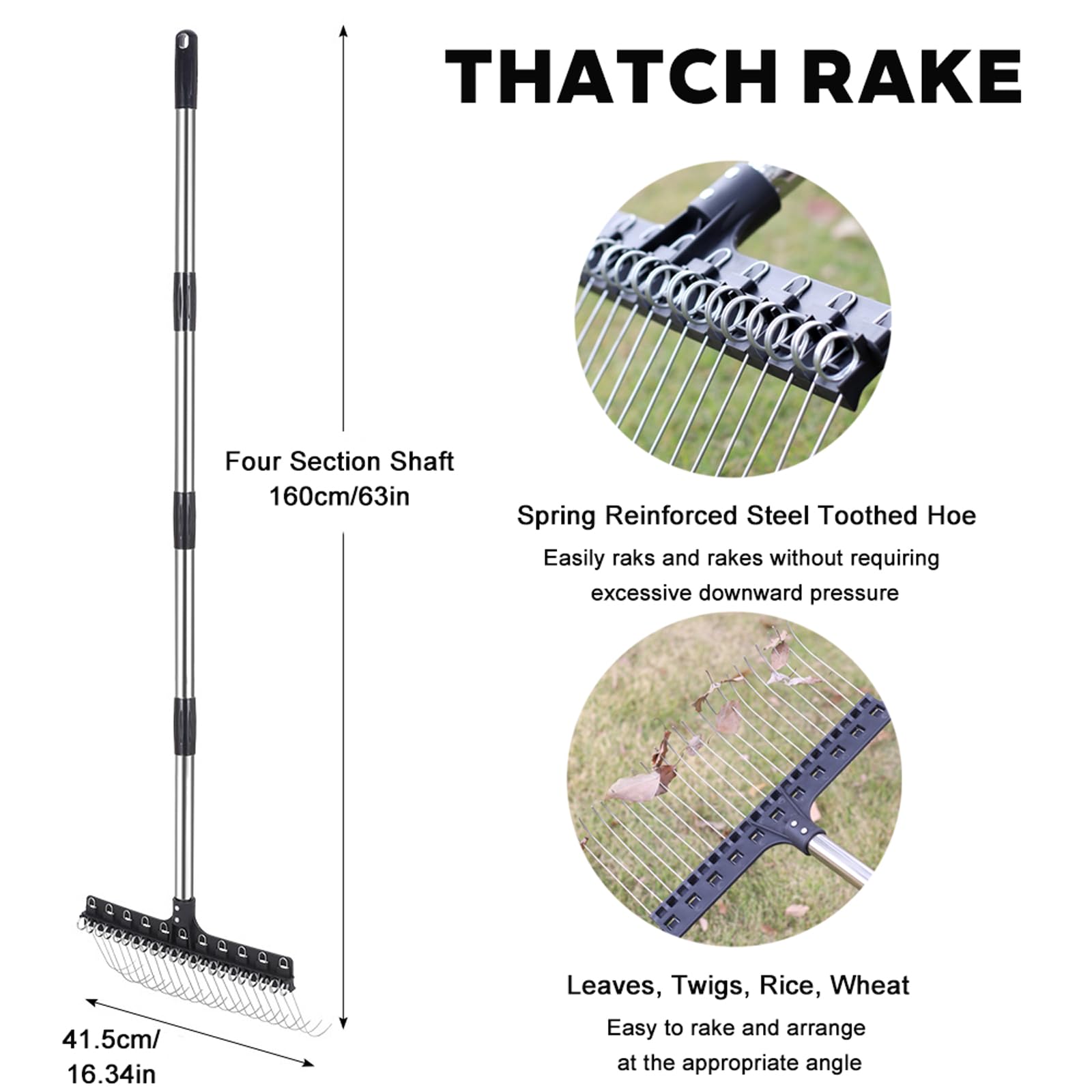 Gartenrechen, Laubrechen aus Stahldraht mit Abgewinkelter Federstütze für Müheloses Rechen, Rasenharke, Selbstreinigendes Design für Laub, Mulch, Kiefernnadeln und Filz