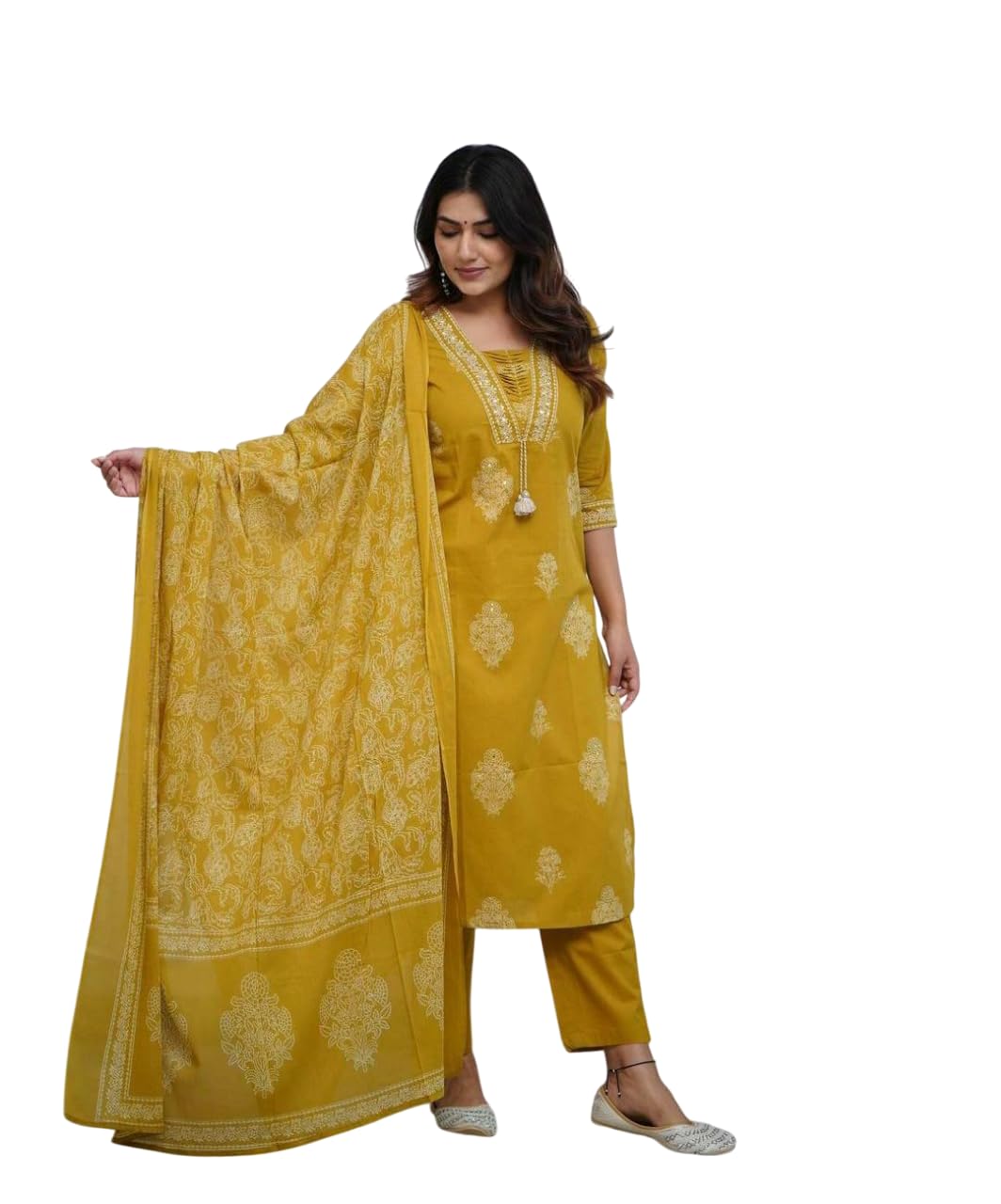 AabulyaMart Women's Cotton Printed Straight Kurti with Pant and Dupatta Set-picture-39