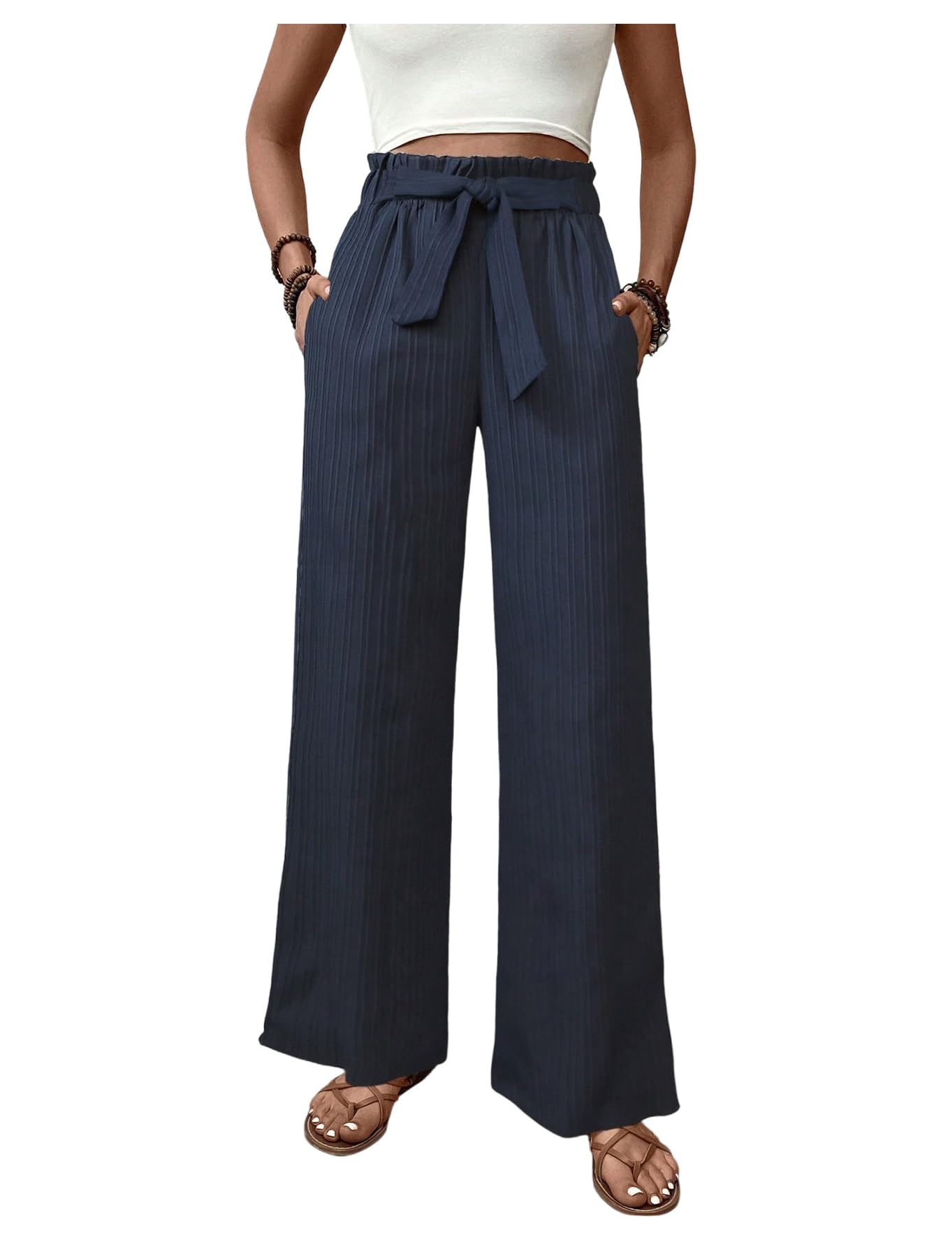 SOLY HUX Womens Wide Leg Pants High Waisted Tie Knot Office Business Casual Trousers with Pocket