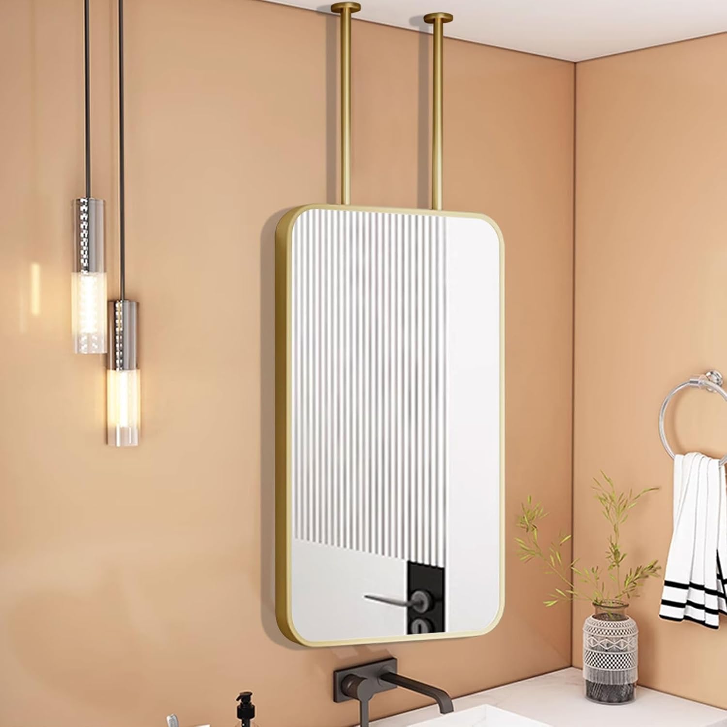 化粧 壁掛けバスルームミラー、天井吊り下げ式ミラー、ライト付き