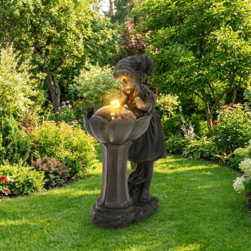 Gartenbrunnen mit Mädchen-Figur, 65,5 cm Springbrunnen Wasserspiel mit warmweißer LED-Beleuchtung, Gartendeko für Terrasse, Balkon & Rasen, Plätschern 55 dB, Kupferfarbe