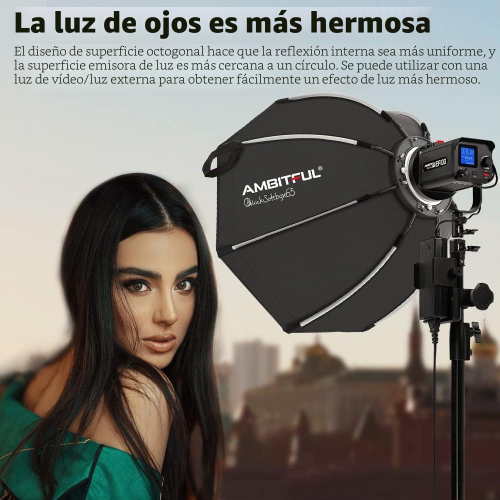 AMBITFUL Softbox con Montaje Bowens de instalación rápida + Rejilla de Nido de Abeja para Estudio fotográfico estroboscópico al Aire Libre (Octogonal de 90 cm)