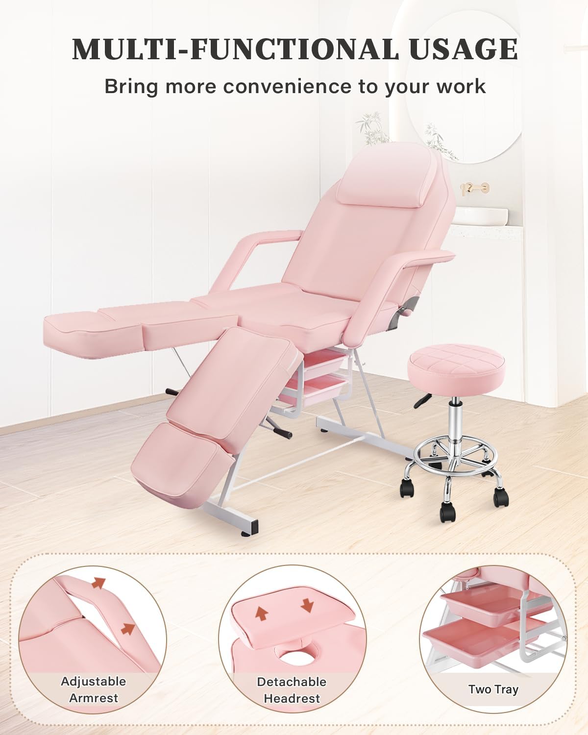 Pink Tattoo Artist Chair, Split Leg Facial Bed for Client Professional Beauty Lash Massage Bed with Hydraulic Stool & Extension Footrests for Salon Spa Barber Equipment