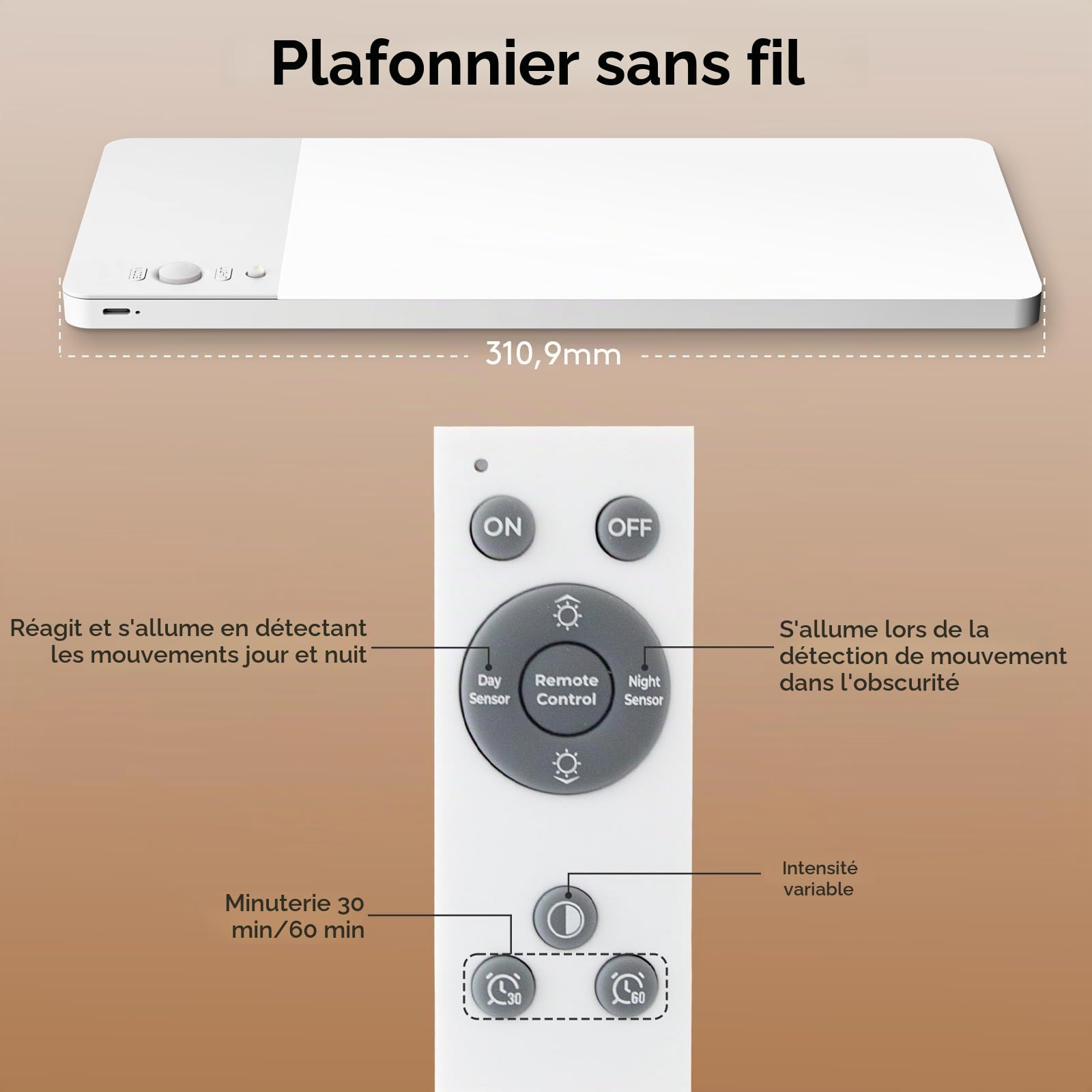 Plafonnier LED, avec détecteur de mouvement et télécommande, à intensité variable et sans fil, avec batterie de 12 000 mAh, autonomie ultra longue pour escaliers, couloirs, garage (2)