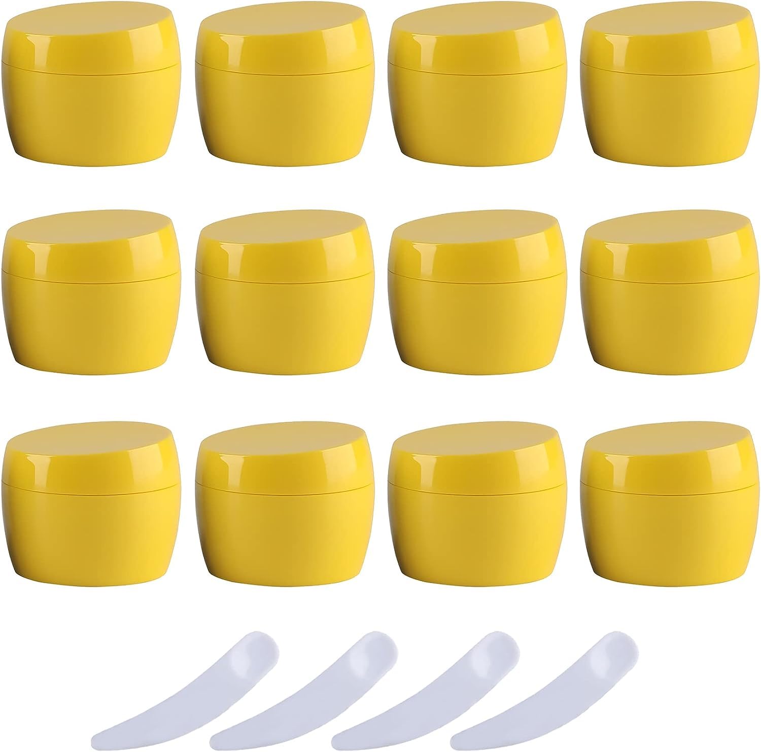 KRXSOBNV Cosmetic Jars, Pack of 12, 50ml with lid Lotion Storage Container Face CreamTravel Bottle + 4 X Spatula(Yellow)