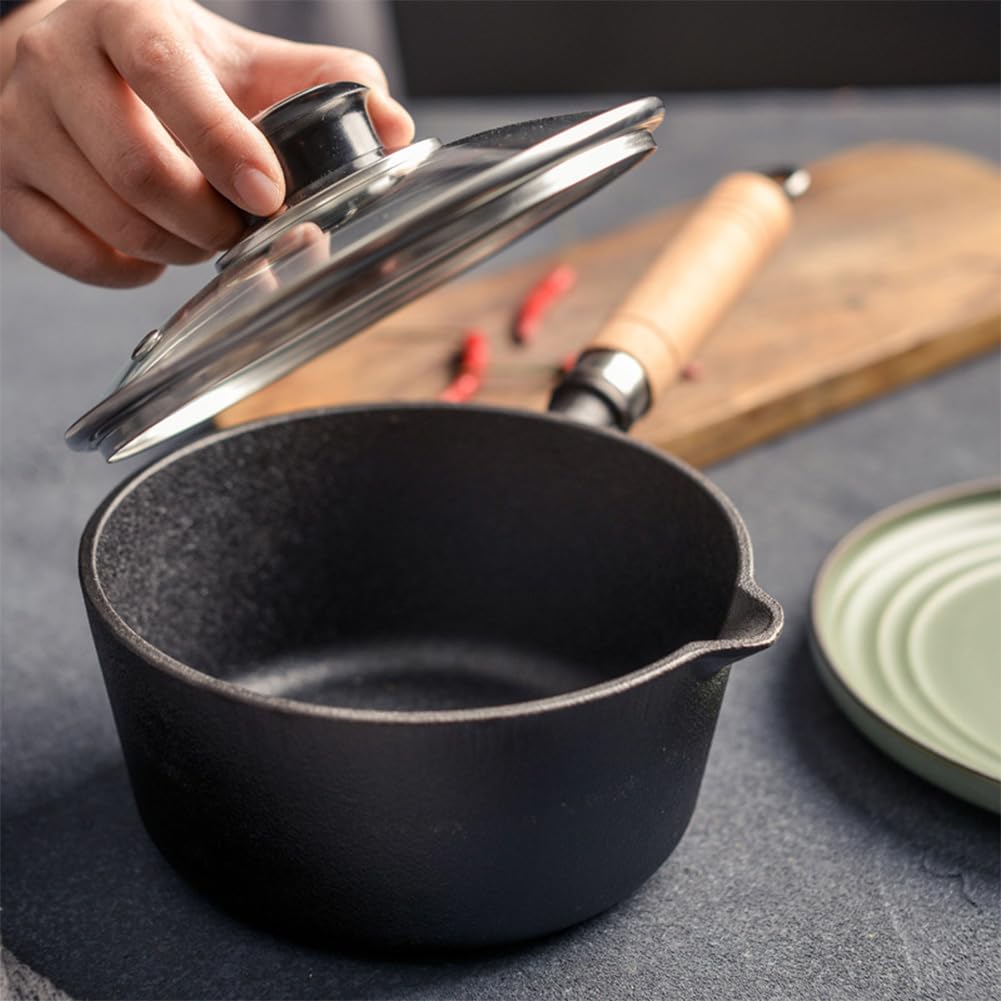 Mini cacerola de hierro fundido con de madera, olla antiadherente para derretir mantequilla con boquilla vertedora, mini cacerola pequeña para cocina, cocina de inducción, estufa d