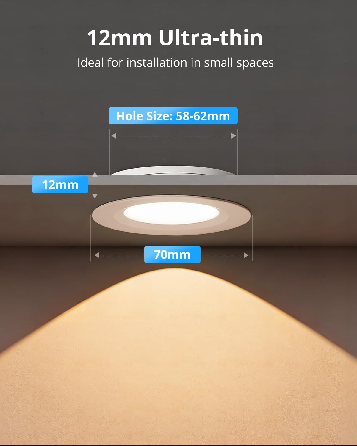 Gr4tec LED Spot 12V ściemnialny, 4 x wpuszczany spot LED płaski ciepły biały 3000K 3W, światła wpuszczane IP44, punkty sufitowe 12mm ultra płaskie, wpuszczany otwór punktowy 58-62mm dla kamperów