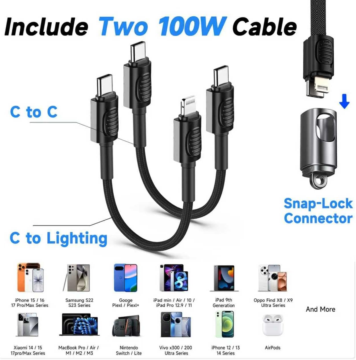 USB C Charger for iPhone 16/15 Charger Fast Charging, GaN Keychain Design Fast Wall Charger Block with 2 Pack USB C to C & C to Lightning Cable, Foldable and Compact for iPhone 17/16/15, iPad(Black)