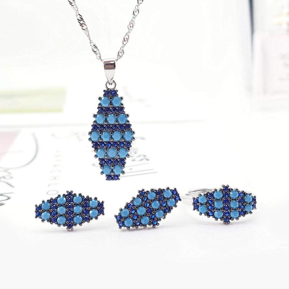 Moda S925 Sterling Silver Necklace Abertura Anillo Pendientes Mujer Joyería Set Geométrico Turquesa Azul Retro Clásico Encanto Creativo Regalo De Alta Gama
